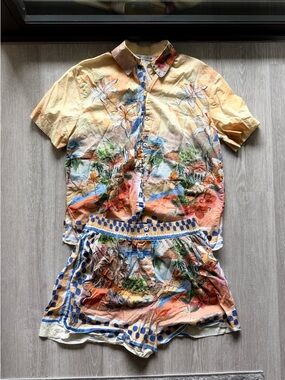 Zara Tropical Print Two-Piece Shirt & Short Set - Yellow Multi
